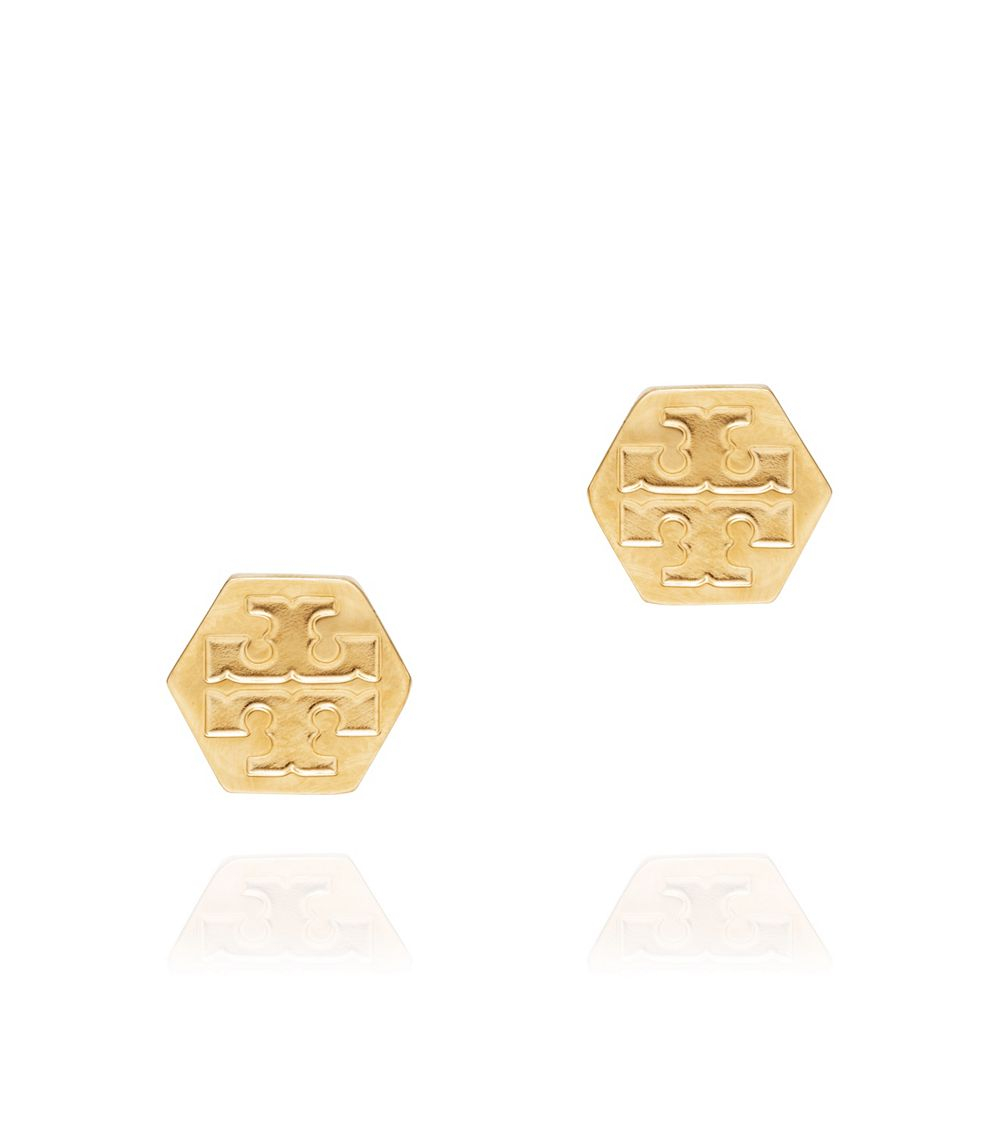 Lyst Tory Burch Hexagon Logo Stud Earring In Metallic Gallery Women S Logo Earrings