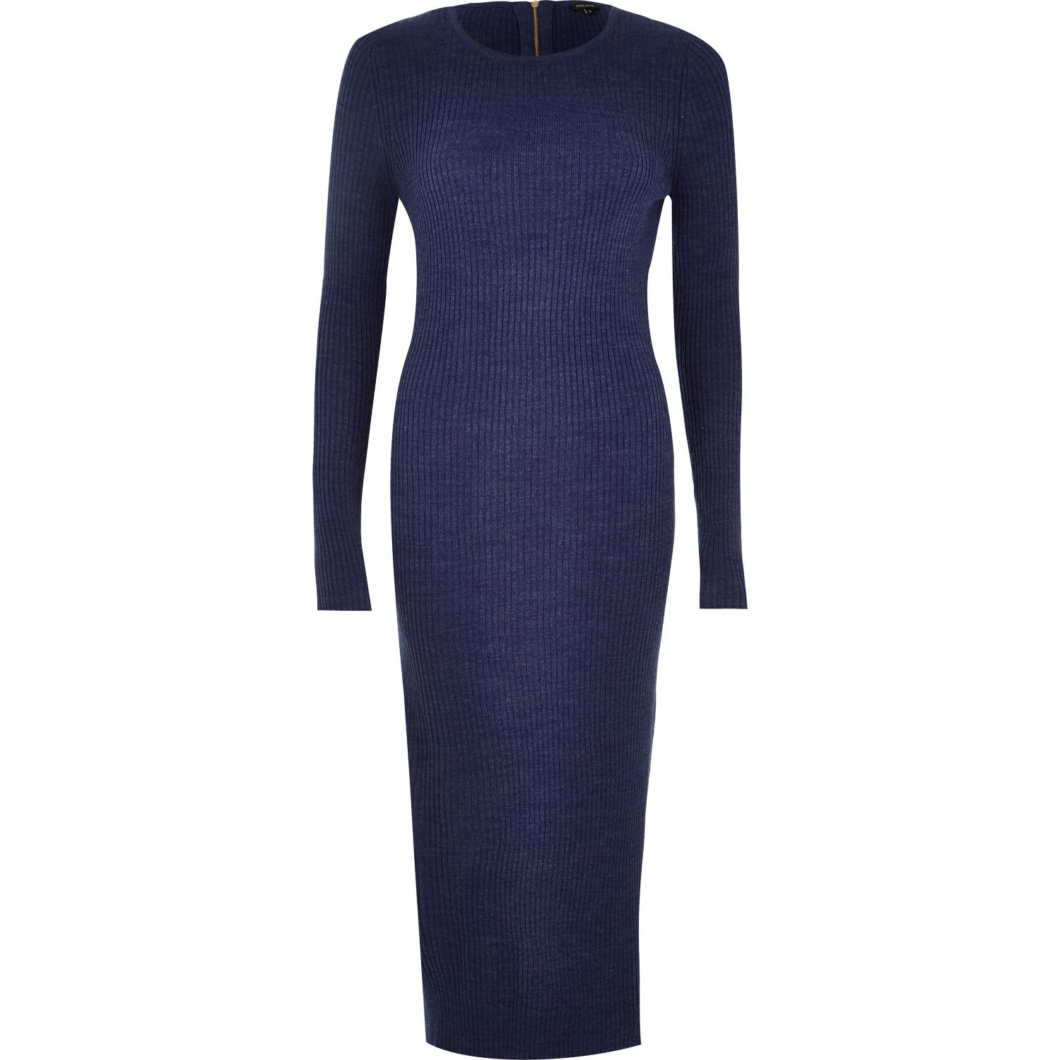River island Navy Knitted Long Sleeve Midi Dress in Blue | Lyst
