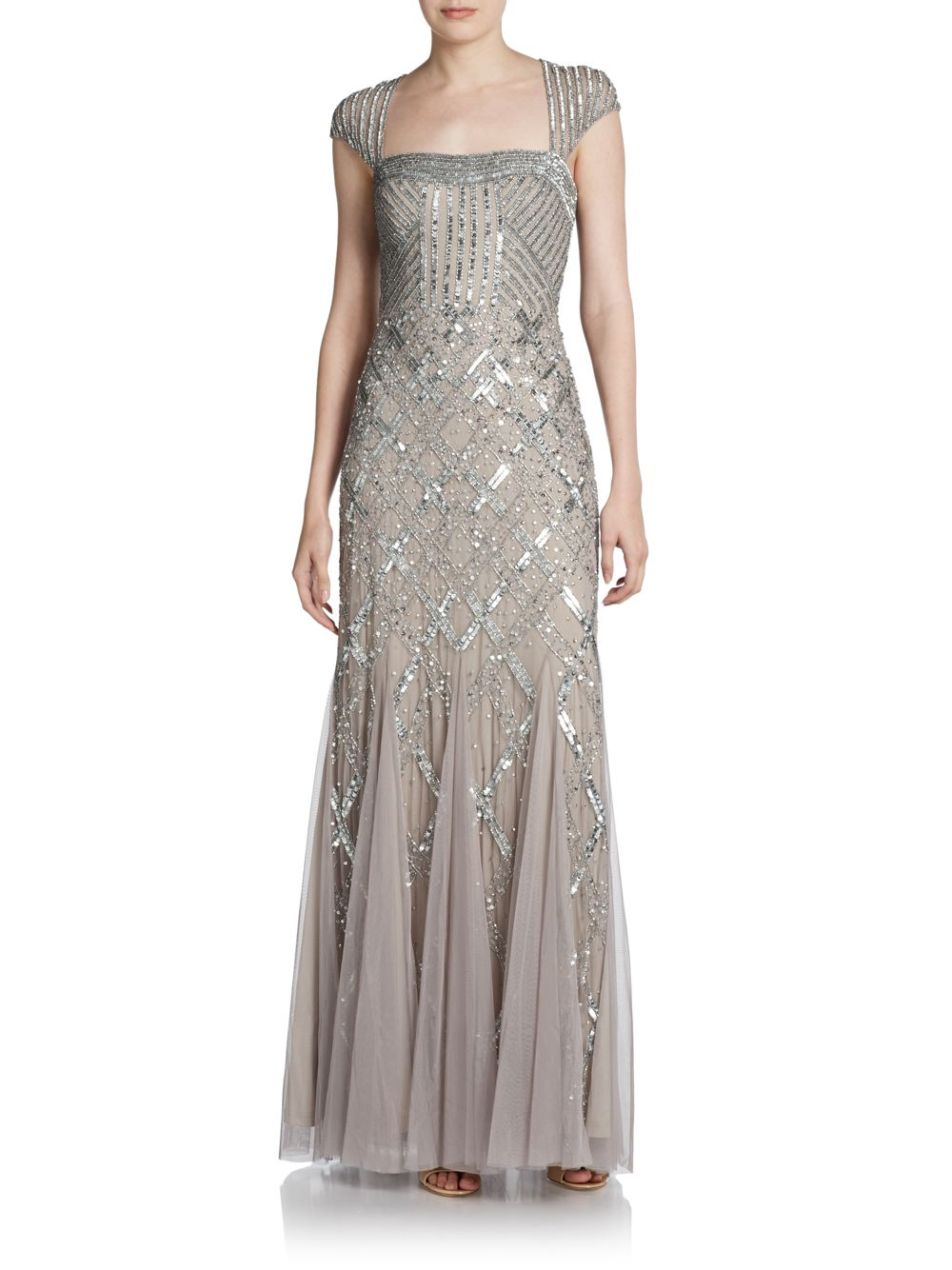 Adrianna Papell Beaded Portrait-Collar Gown in Gray (platinum) | Lyst