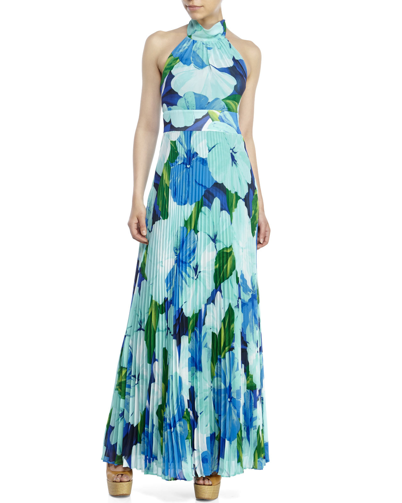 Lyst - Eliza J Pleated Floral Chiffon Maxi Dress in Green