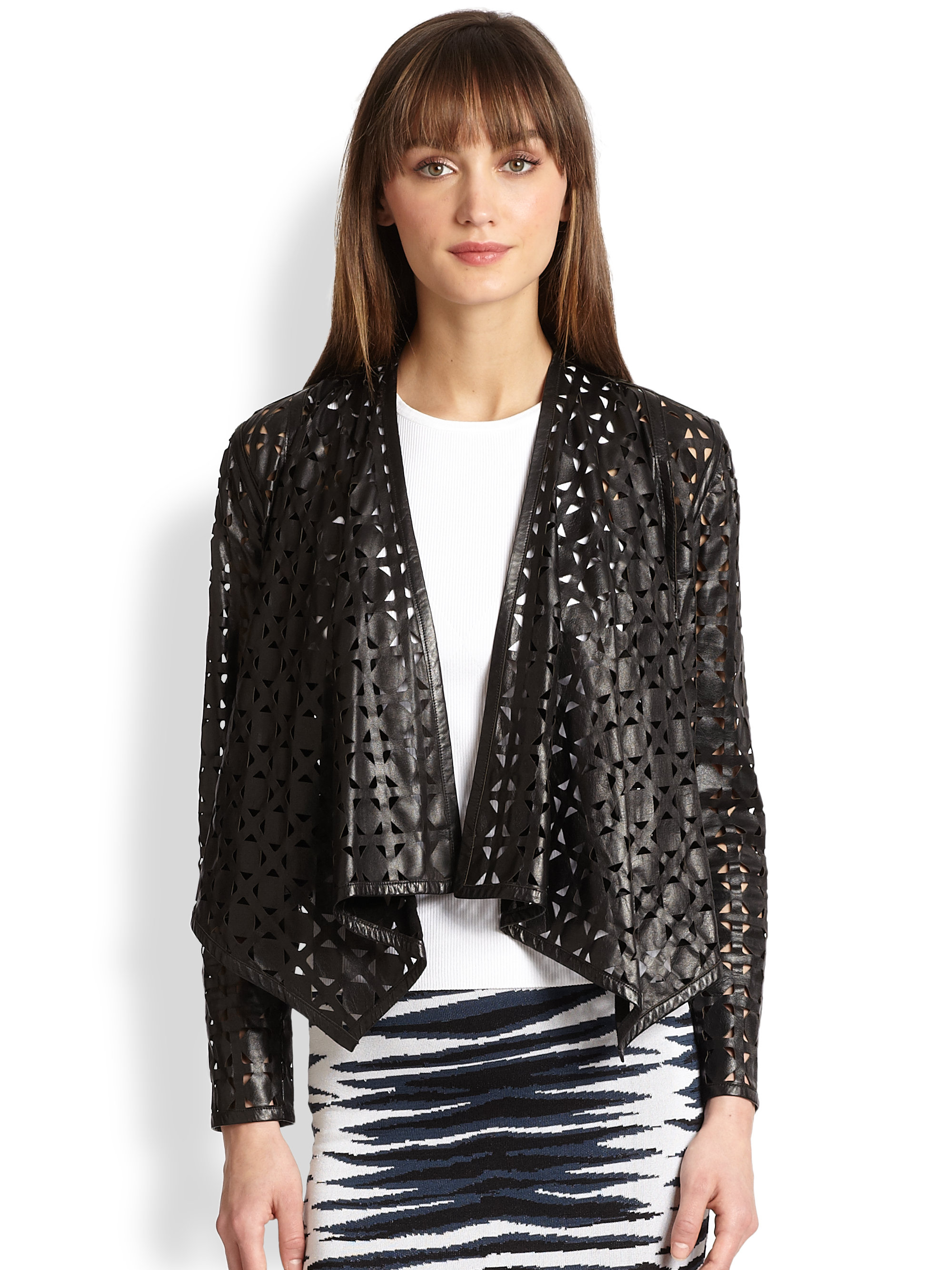 Lyst - Milly Draped Laser-Cut Leather Jacket in Black