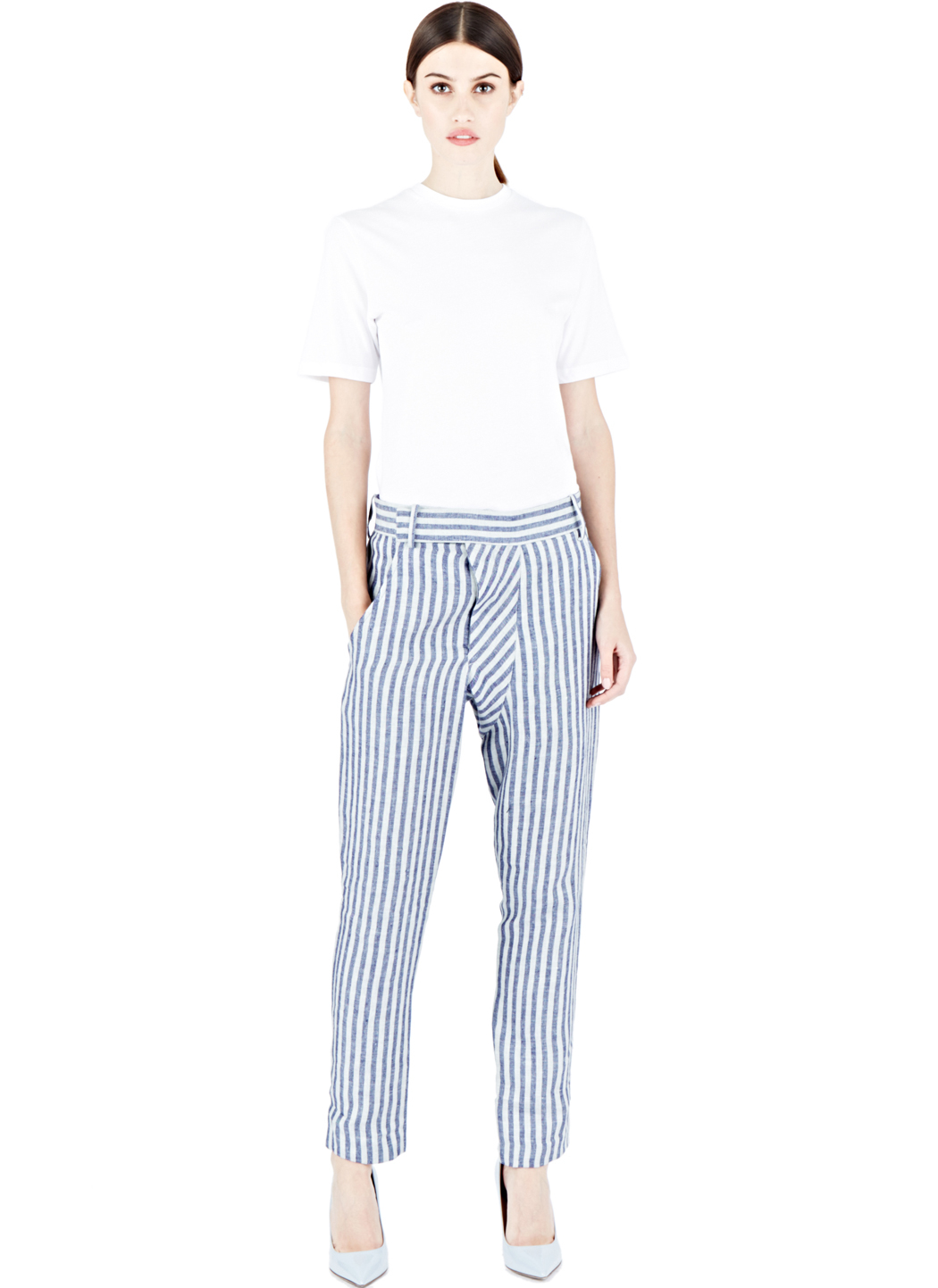 Slim Leg Belt Striped Pants