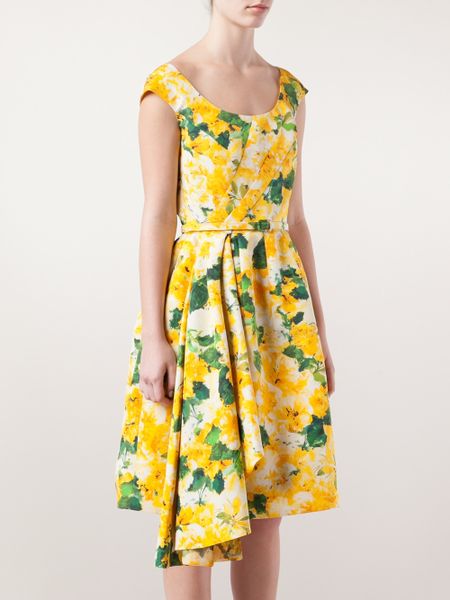 Oscar De La Renta Floral Pleated Dress in Yellow (yellow & orange) | Lyst