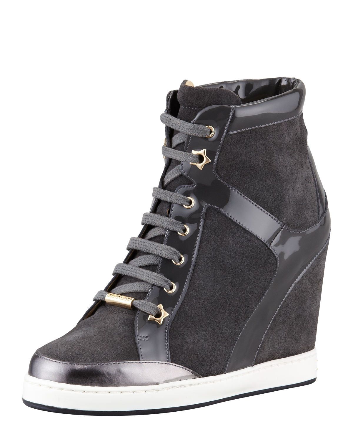 Jimmy Choo Panama Suede and Patent Wedge Sneaker in Gray (MED GREY) | Lyst