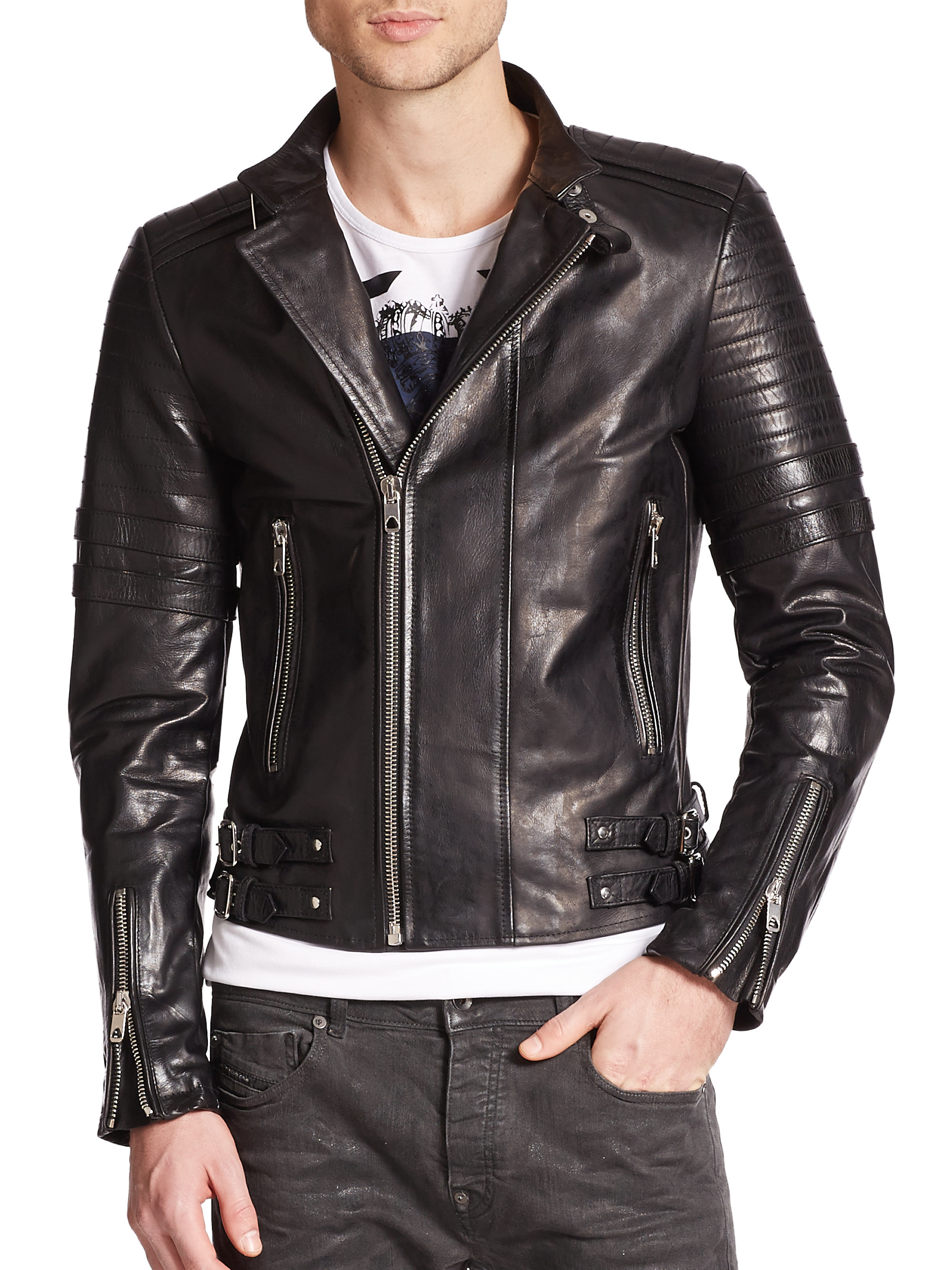 Diesel black gold Leather Cafe Racer Jacket in Black for Men | Lyst