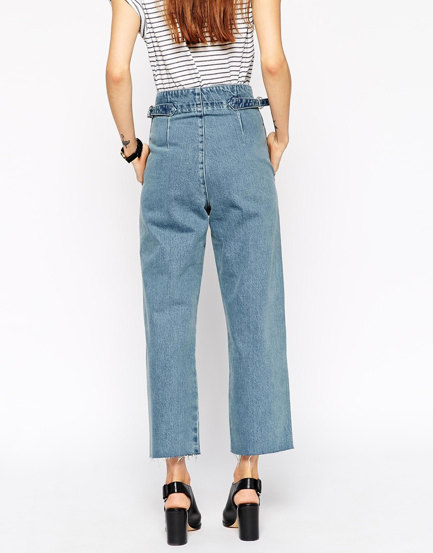 Lyst - Asos Denim High Waisted Wide Leg Jeans In Fox Midwash Blue in Blue