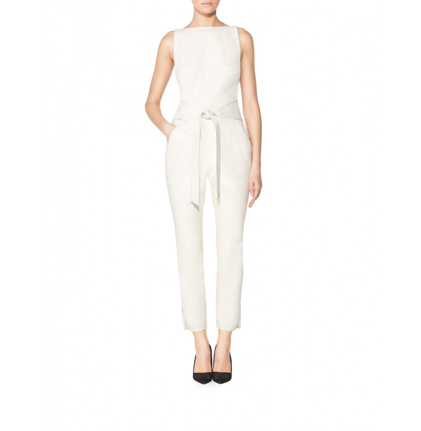 Tamara Mellon Sleeveless Leather Jumpsuit in White (Cream) | Lyst