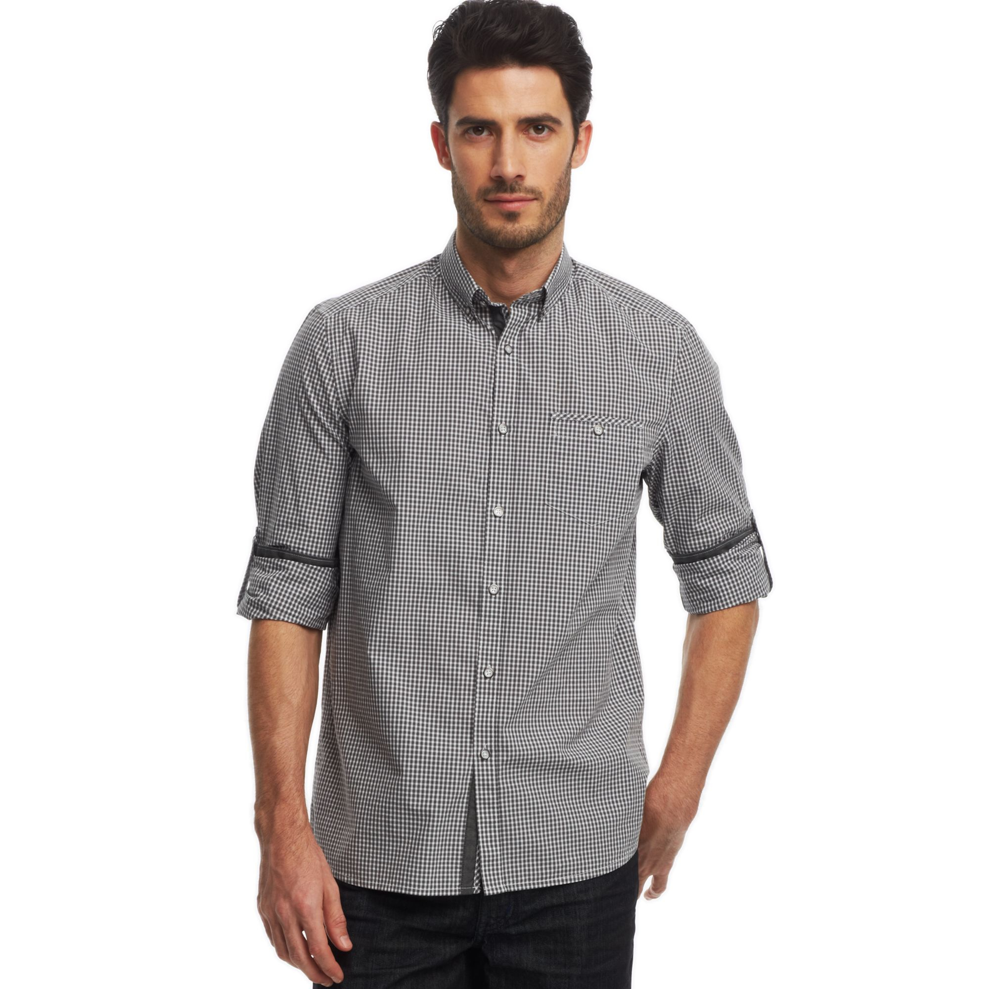 Kenneth Cole Reaction Gingham Rolltab Sleeve Shirt in Gray for Men (Ash ...