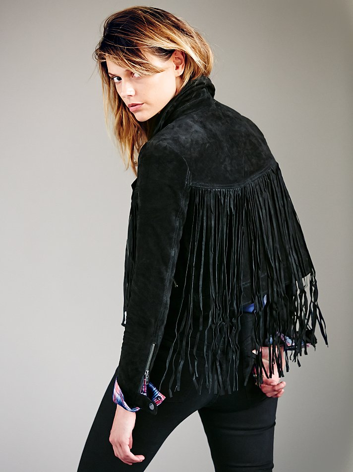 Free People Black Fringe Suede Jacket