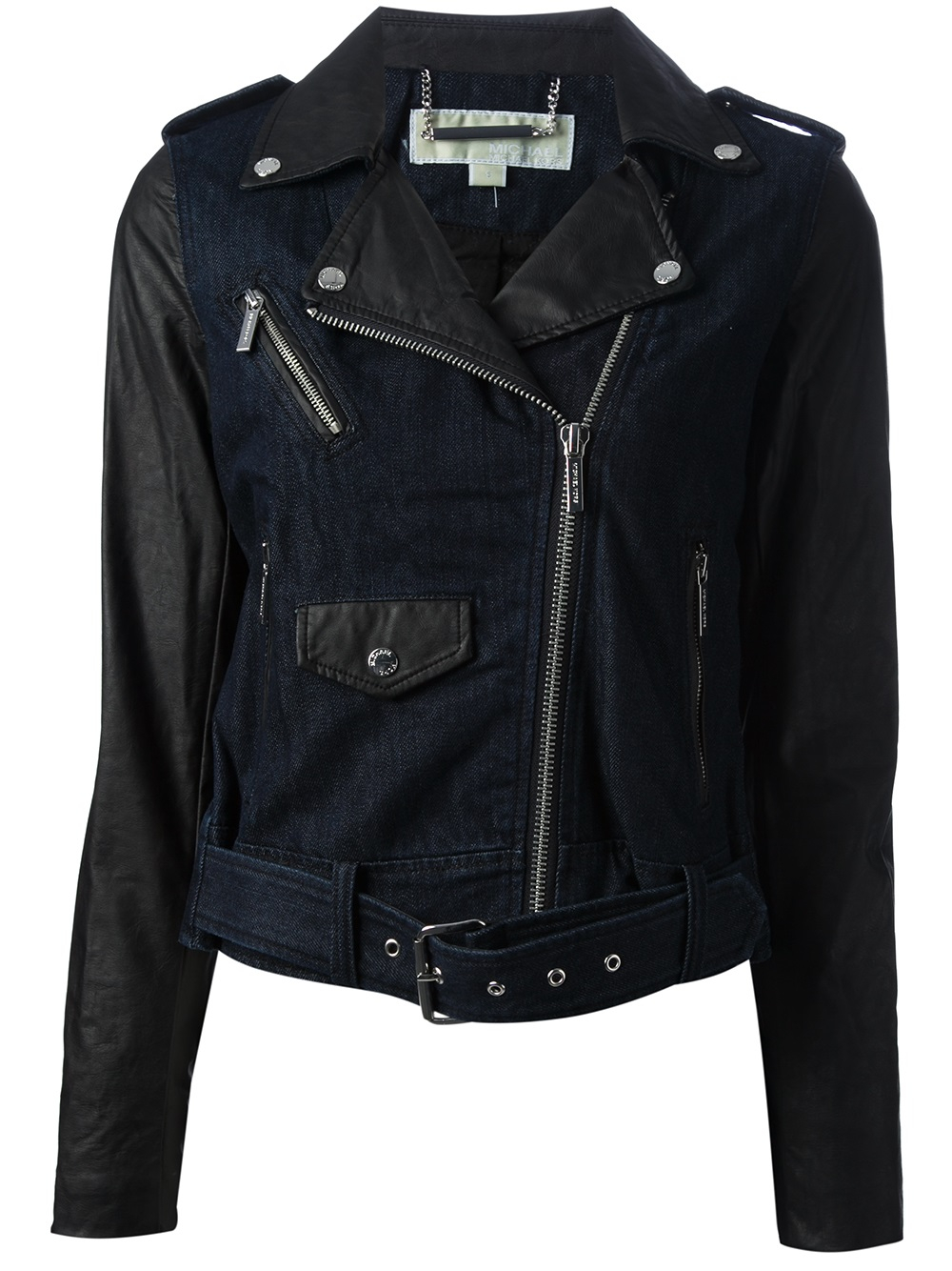 Lyst Michael Michael Kors Denim and Faux Leather Biker Jacket in Blue