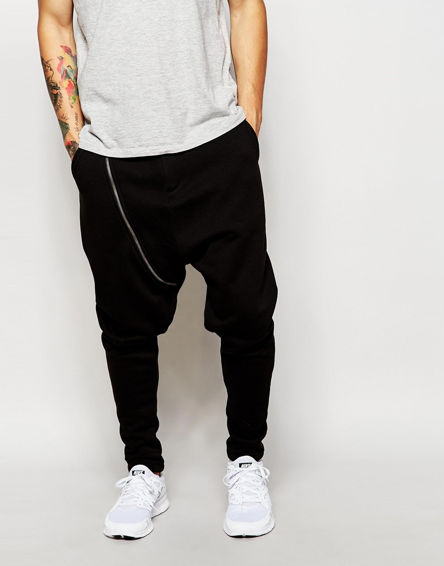 Asos Drop Crotch Joggers With Biker Zip Detailing in Black for Men | Lyst