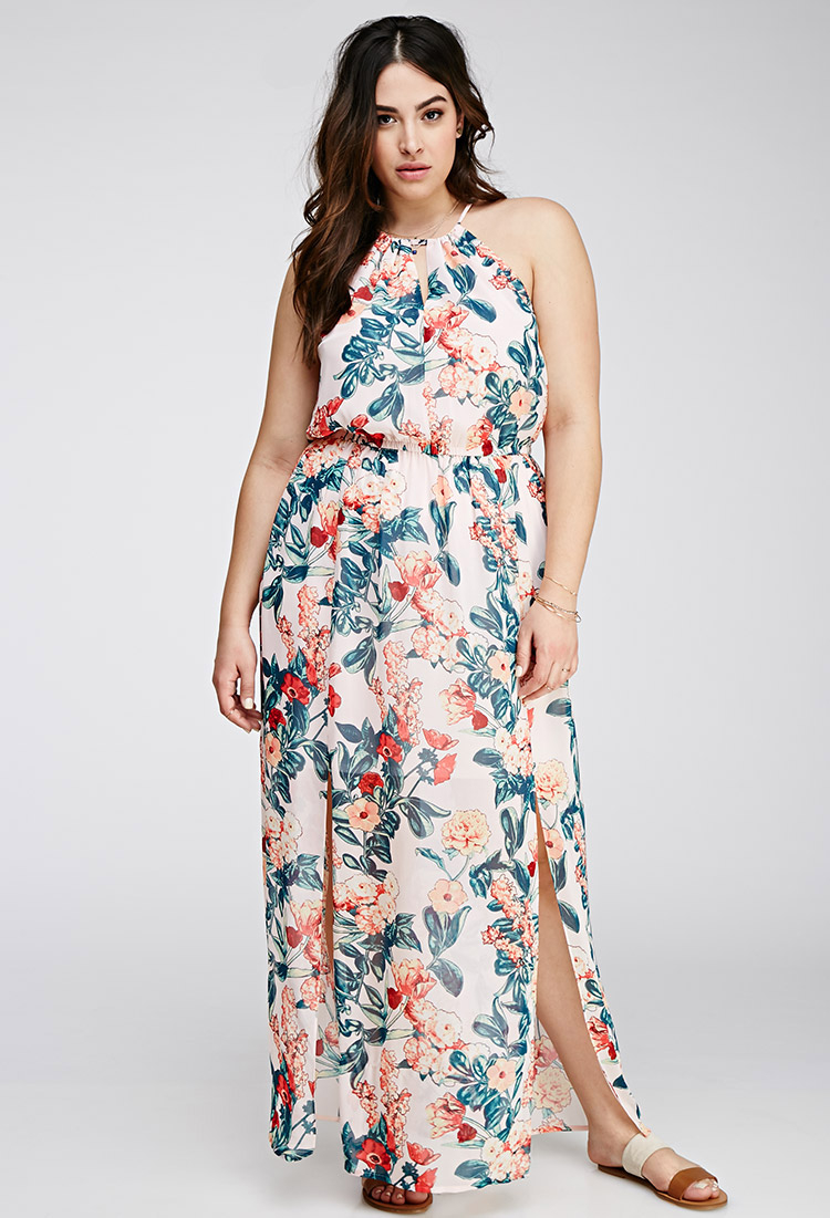 Plus Size Floral Print Split Self-Tie Maxi Dress