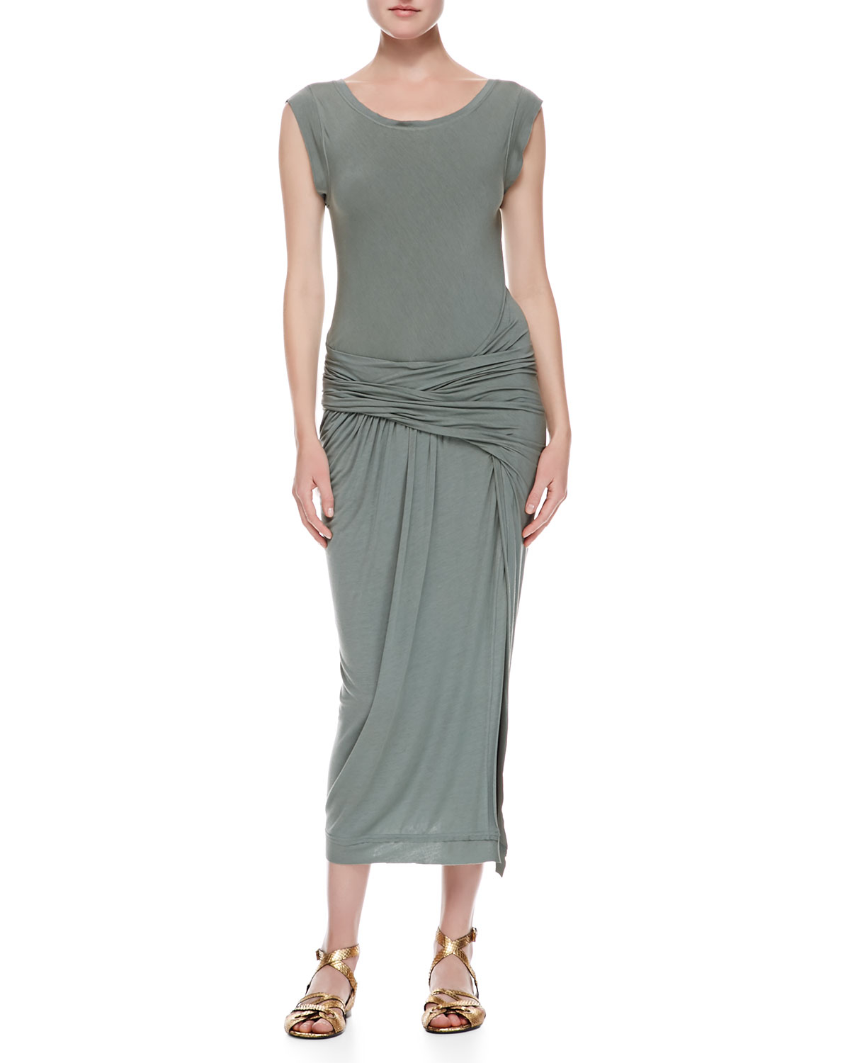 Lyst - Donna karan Cap Sleeve Draped T-shirt Dress in Gray