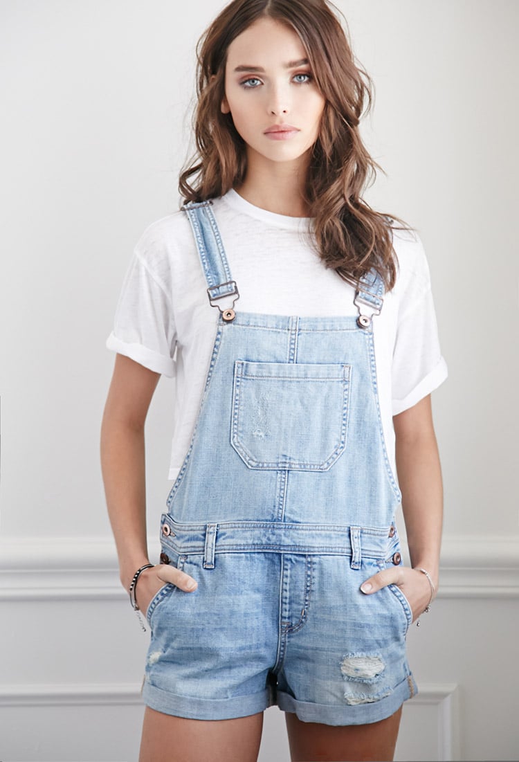 Lyst - Forever 21 Distressed Denim Overall Shorts in Blue