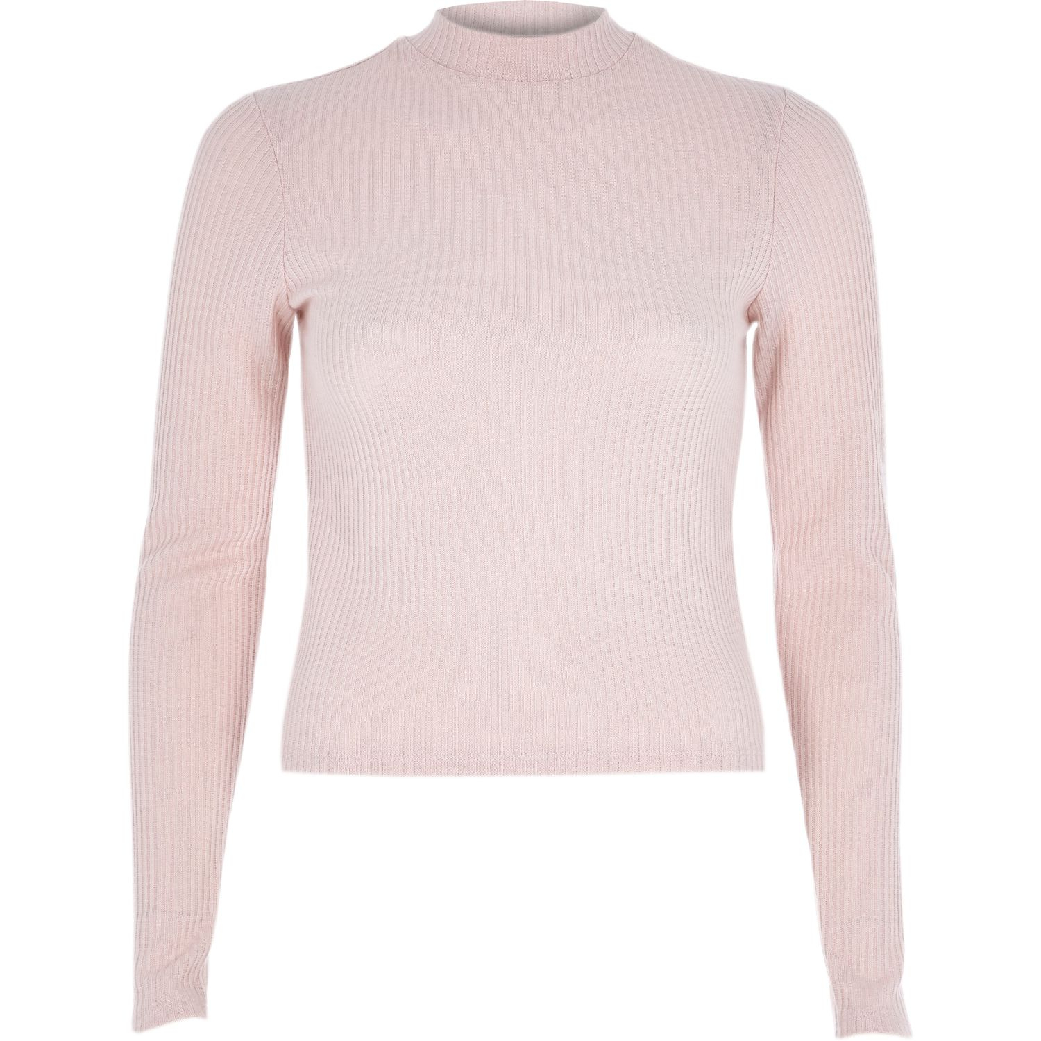 River island Light Pink Ribbed Long Sleeve High Neck Top in Pink | Lyst