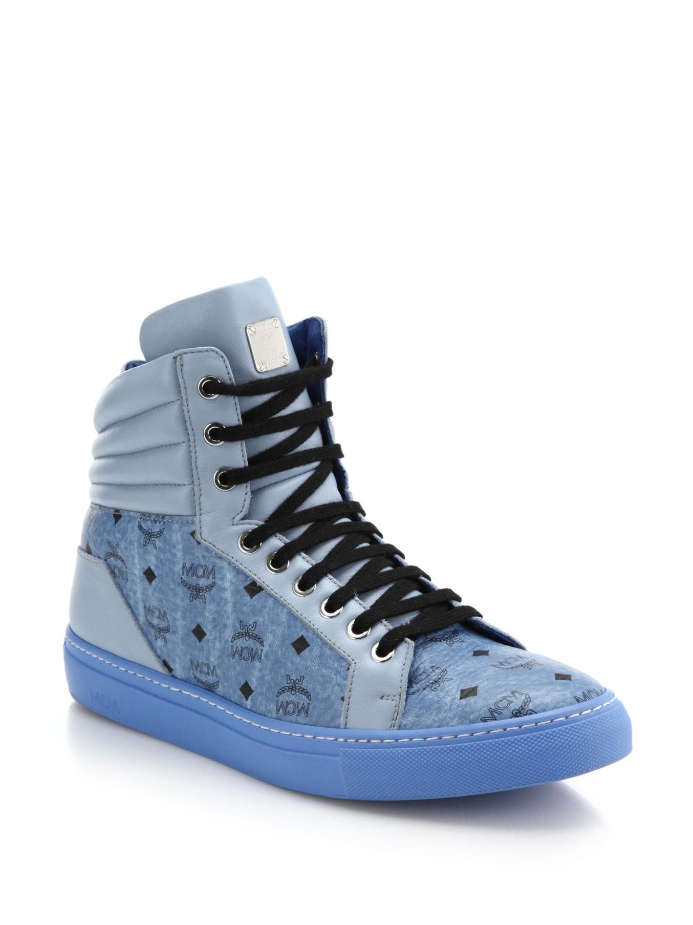 Lyst - MCM Logo-print Leather High-top Sneakers in Blue for Men