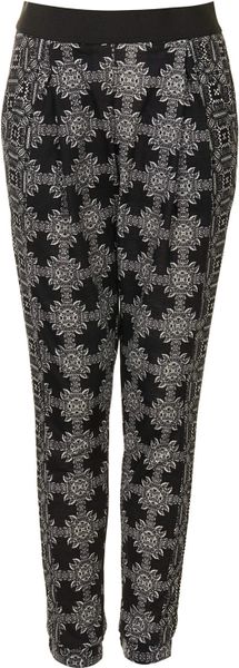 Topshop Womens Floral Grid Jersey Tapered Trousers Monochrome in Black ...