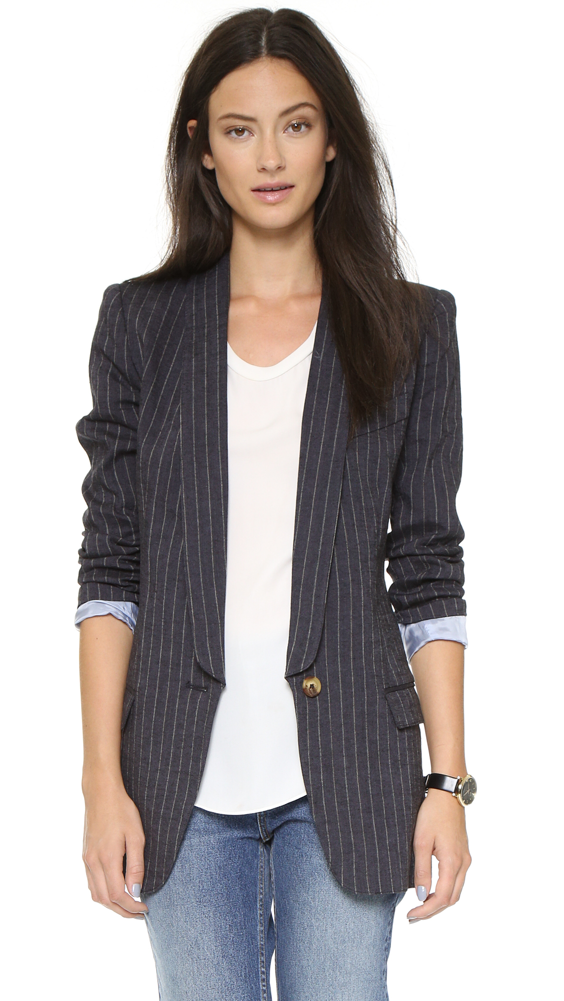 Smythe Long Shawl Boyfriend Blazer Black Fade Pinstripe in Black Lyst