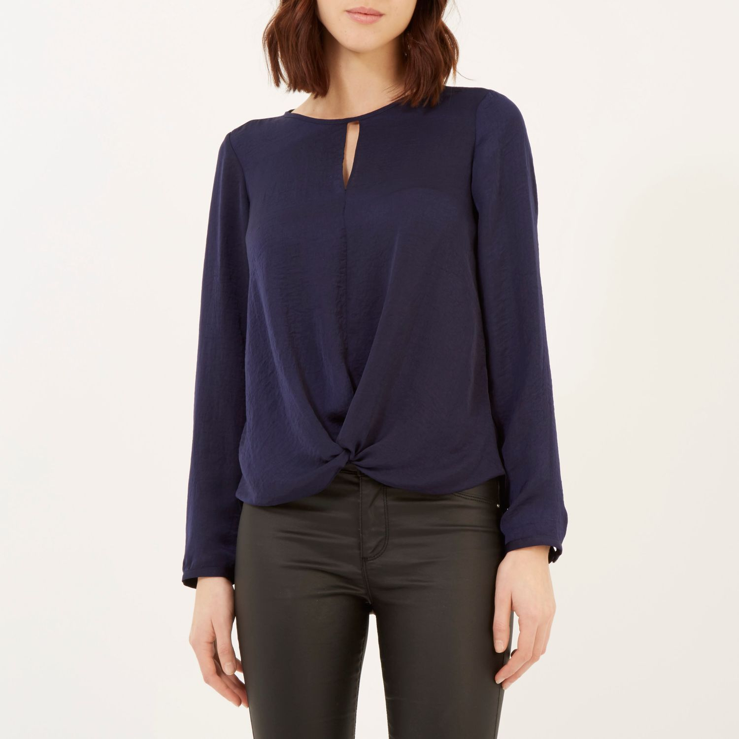 River island Navy Long Sleeve Knot Front Slit Back Top in Blue | Lyst