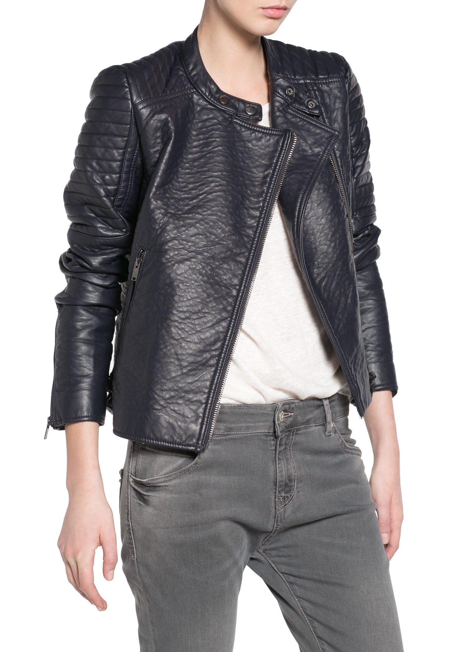 Lyst Mango Appliqué Biker Jacket In Blue Gallery