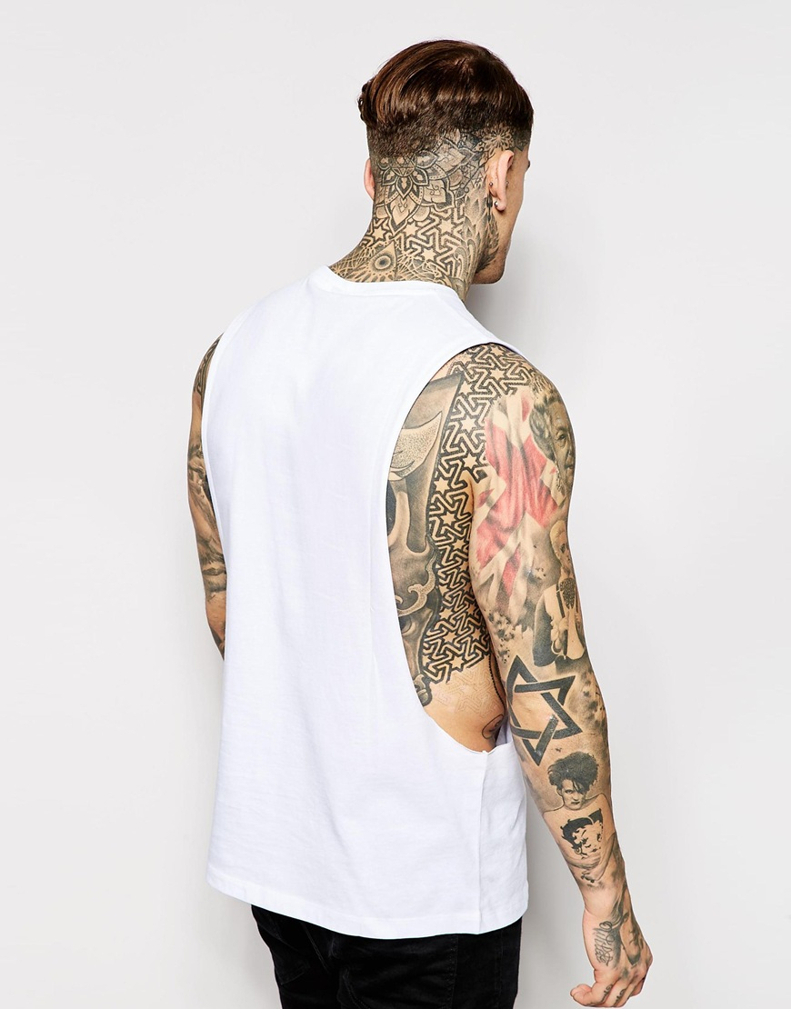 Lyst Asos Sleeveless T Shirt With Ripped Print And Extreme Dropped Armhole In White For Men