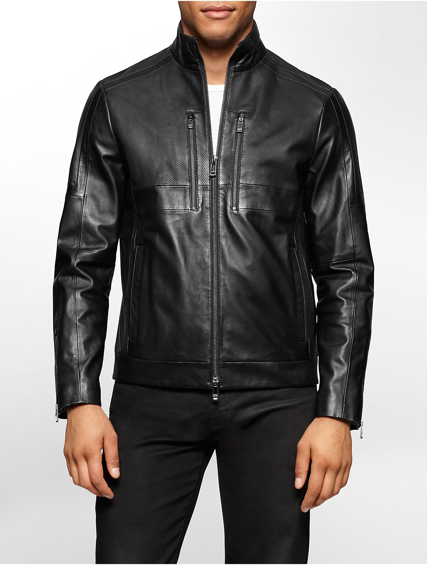 Calvin Klein Perforated Leather Moto Jacket In Black For Men Lyst Gallery