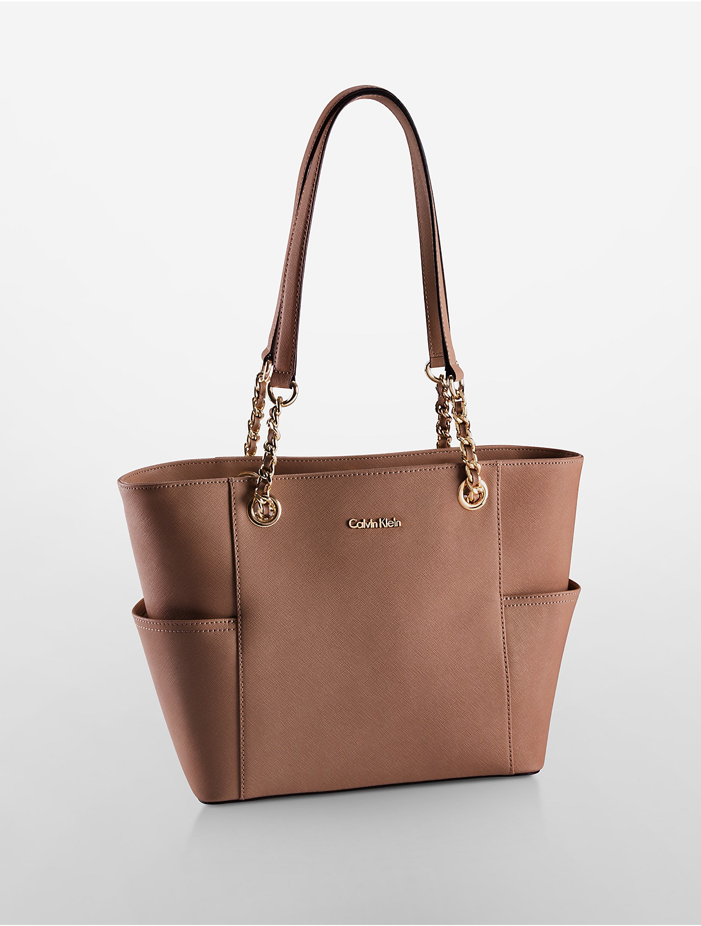 Calvin klein Saffiano Leather Chain-trimmed Tote Bag in Brown | Lyst