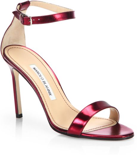 Manolo Blahnik Chaos Metallic Patent Leather Ankle-Strap Sandals in Red ...