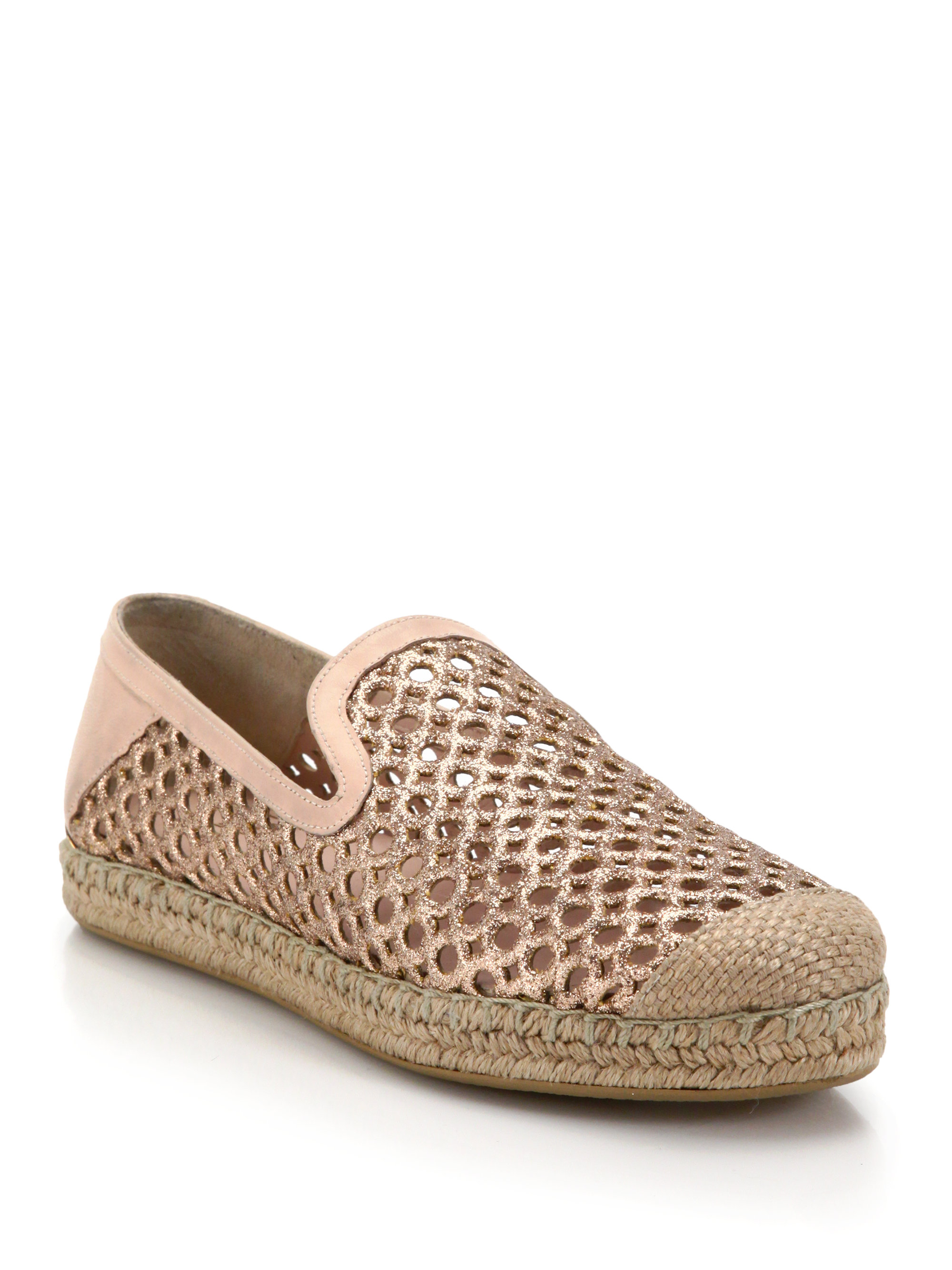 Lyst - Stuart weitzman Perforated Glittered Leather Espadrilles in Natural