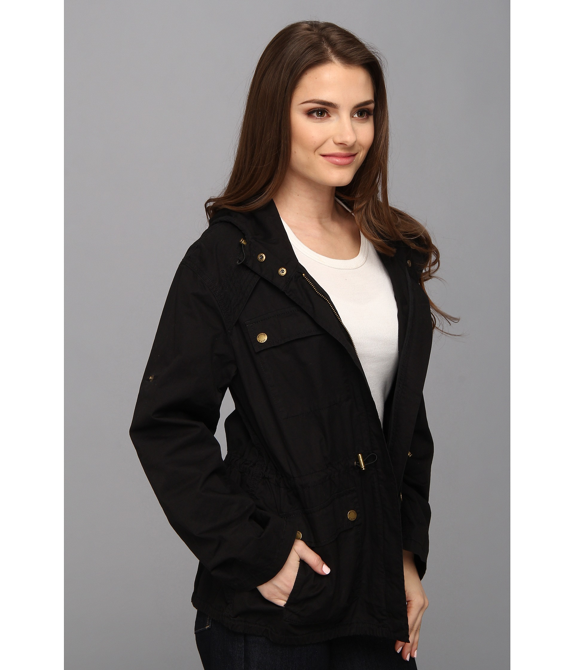 Michael michael kors Petite Twill Cinch Waist Anorak Jacket in Black | Lyst