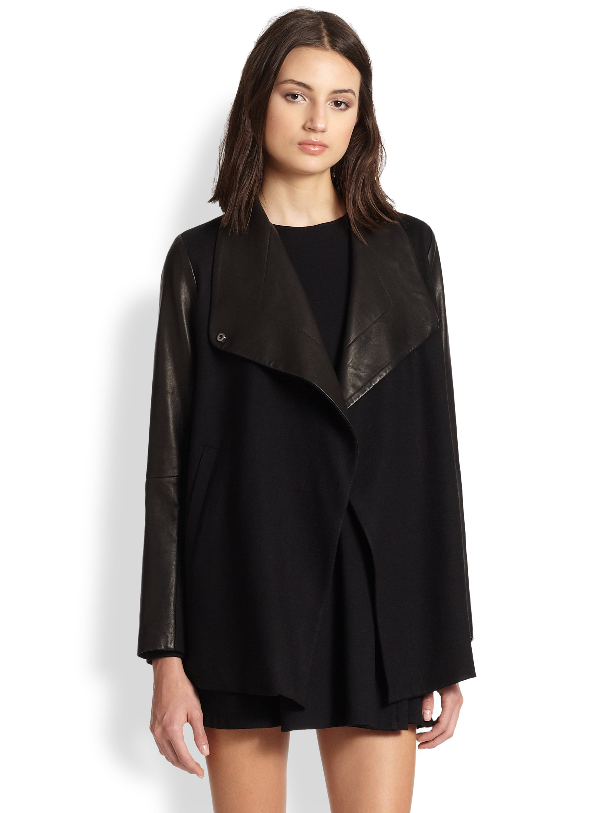 Lyst - Theory Naomo Leathertrimmed Draped Jacket in Black