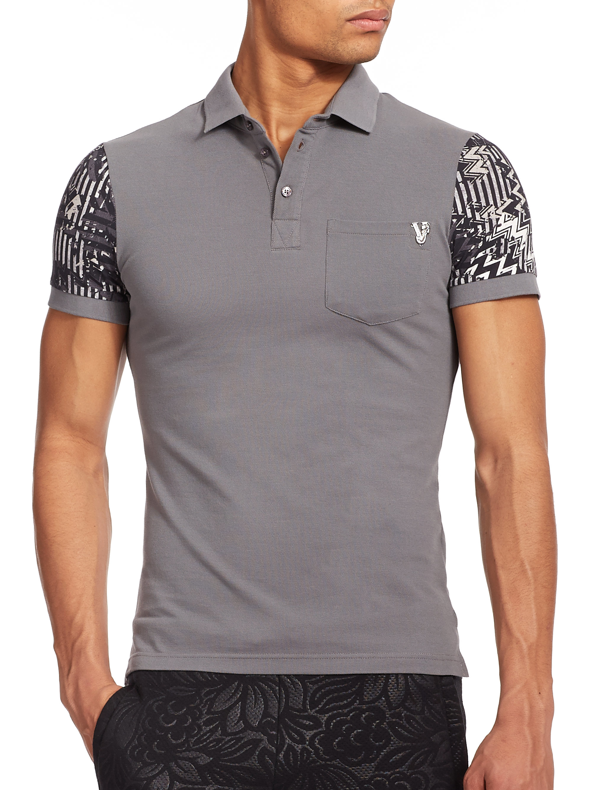 Versace jeans Print-sleeve Pique Polo in Gray for Men | Lyst