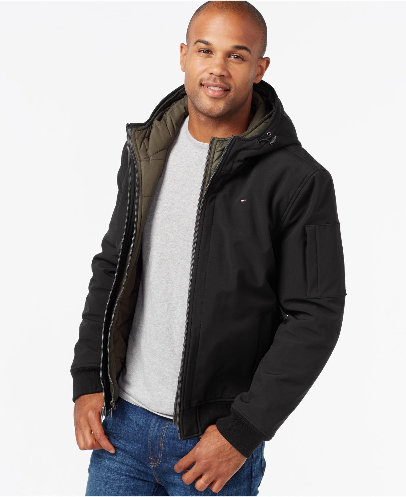 Tommy Hilfiger Soft-shell Bomber Hoodie Jacket in Black for Men | Lyst