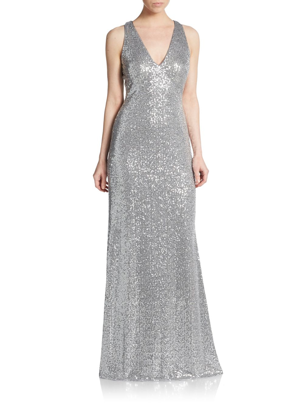 Lyst - Aidan Mattox Sequined V-neck Gown in Metallic