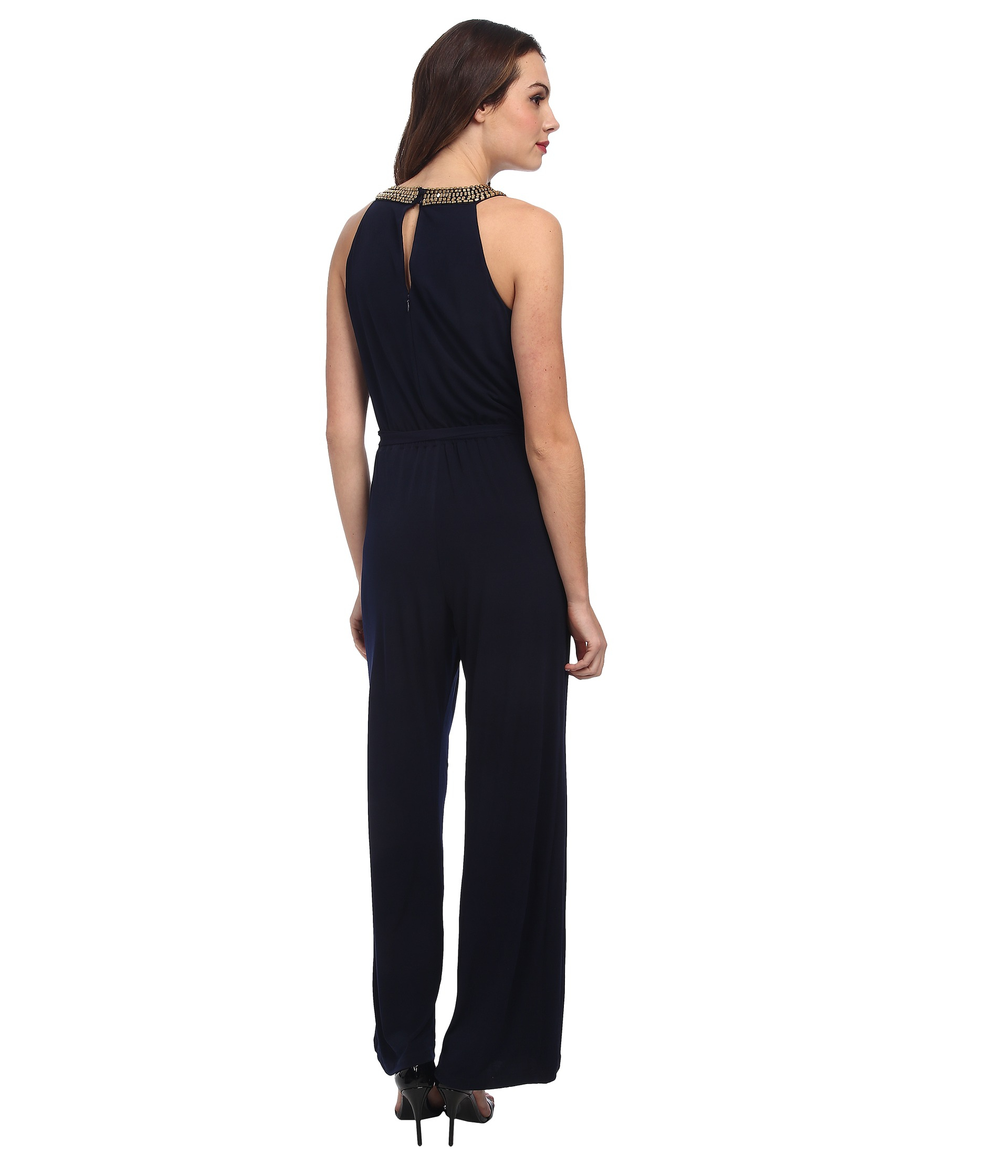Vince camuto Jersey Jumpsuit With Neckline Beading in Blue | Lyst