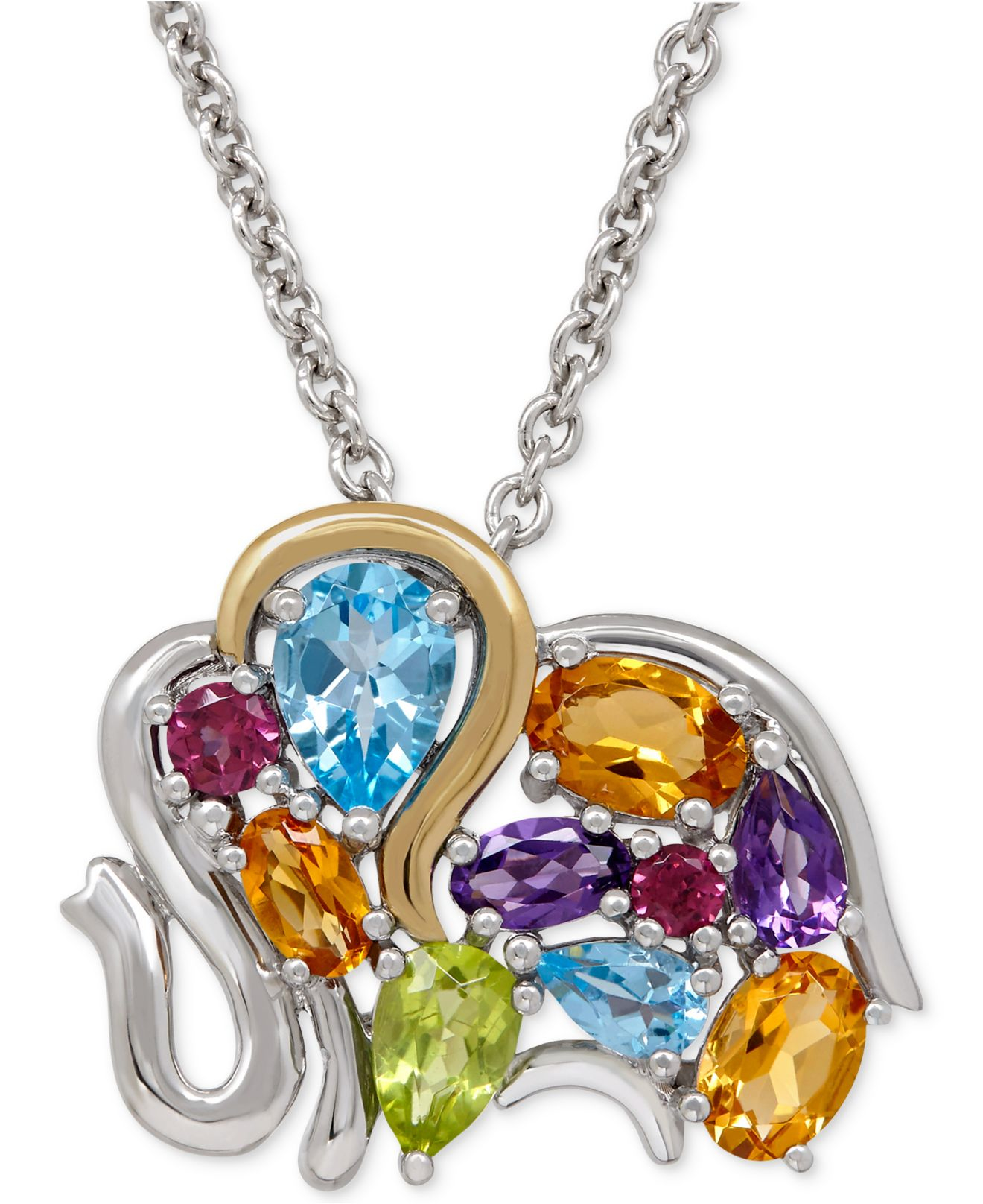 Macy&#39;s Multi-gemstone Elephant Pendant Necklace (3-1/4 Ct. T.w.) In Sterling Silver And 14k Gold ...
