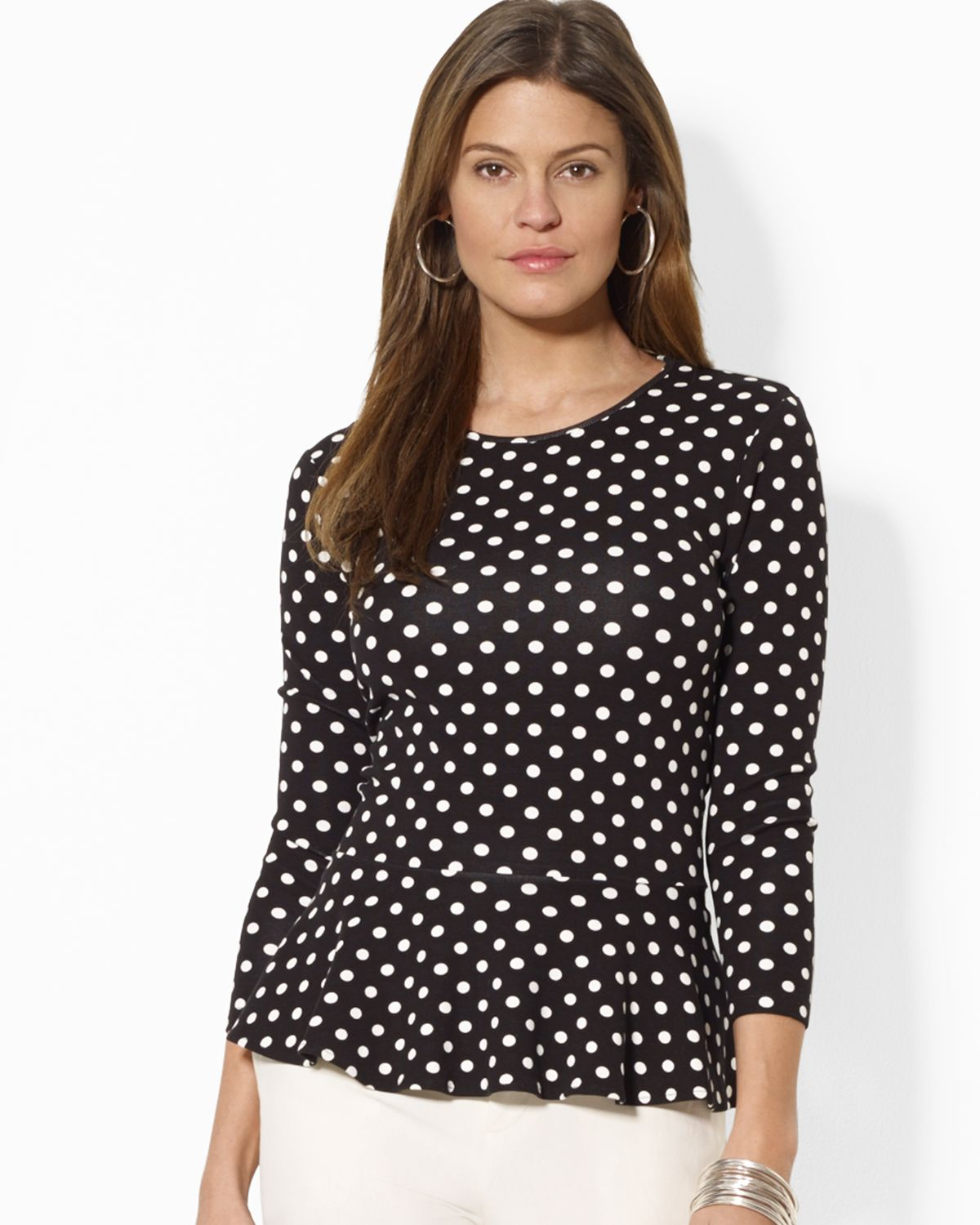 Lyst - Ralph Lauren Lauren Polka Dot Peplum Blouse in Black