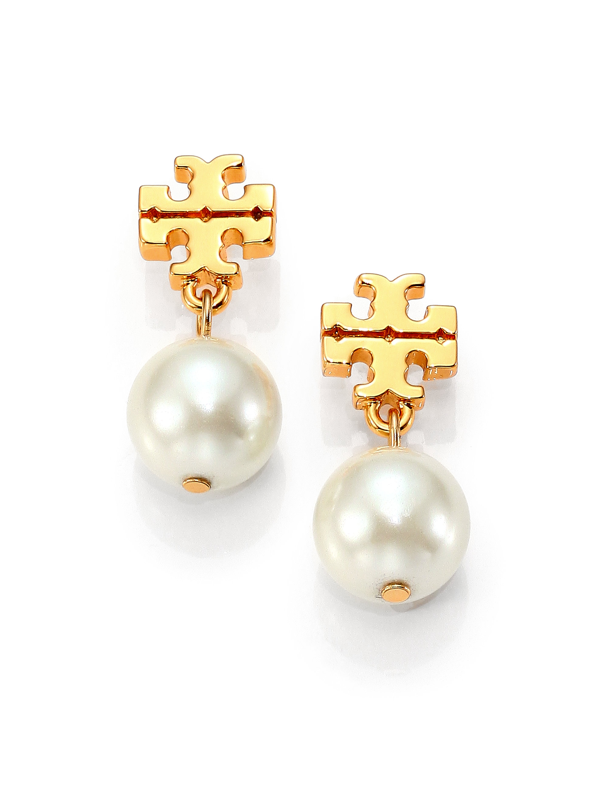 Lyst Tory Burch Logo Faux Pearl Drop Earrings In Metallic Gallery