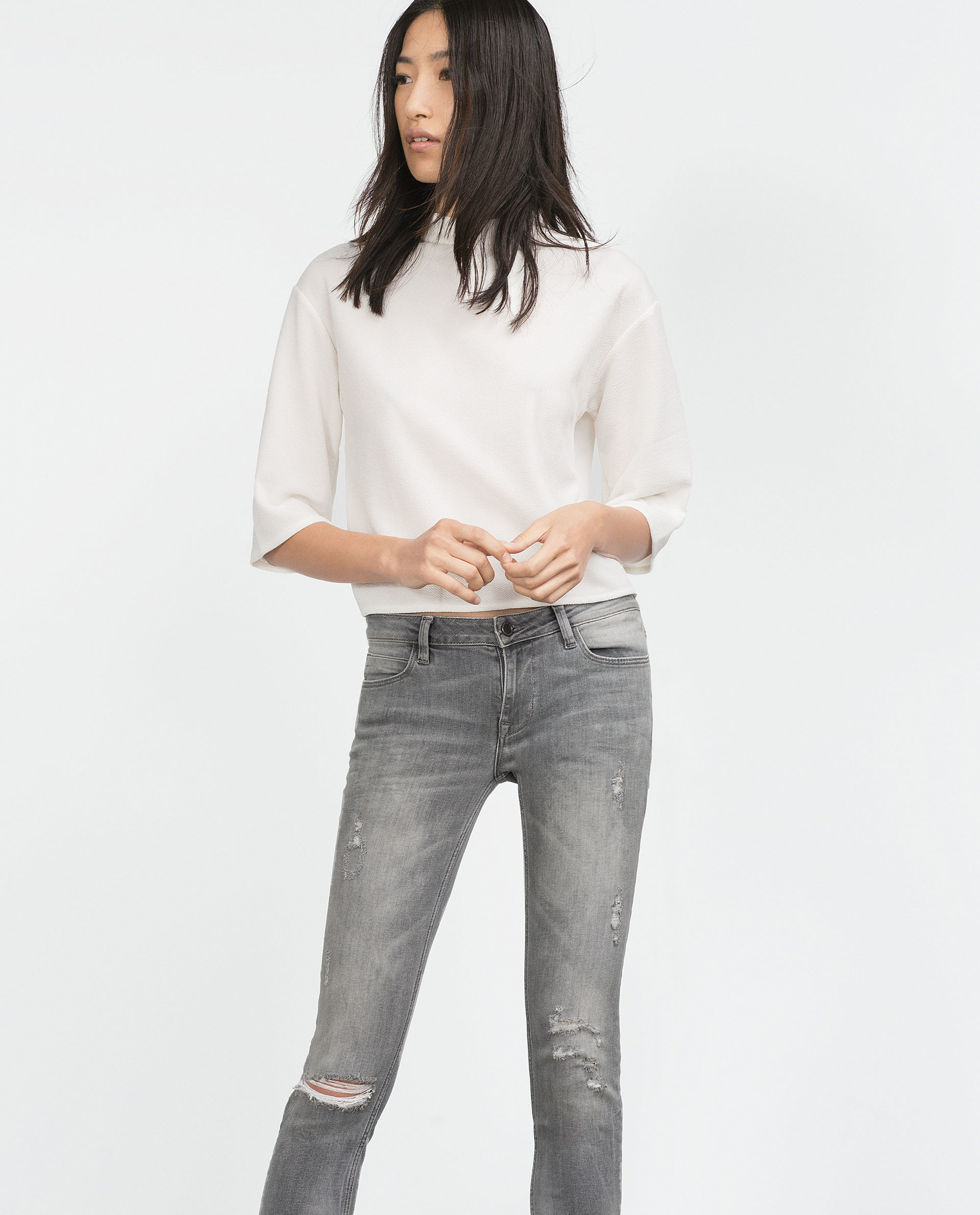 Zara Ripped Mid-rise Jeans in Gray | Lyst