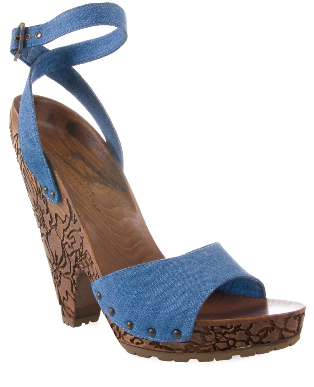 Stella mccartney Denim Sandal with Carved Wooden Heel in Blue | Lyst