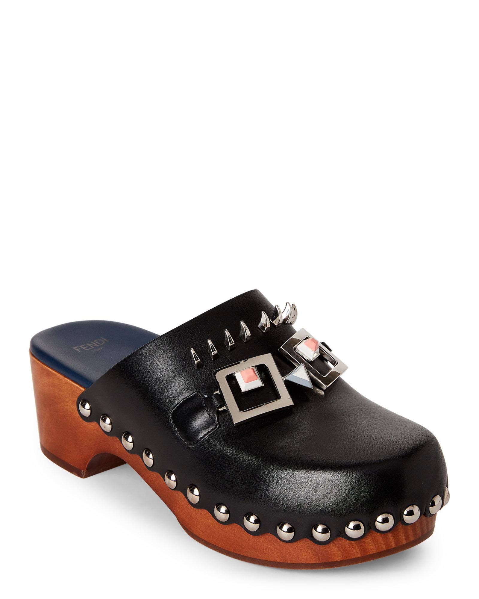 Lyst - Fendi Black Faces Leather Sabot Clogs in Black