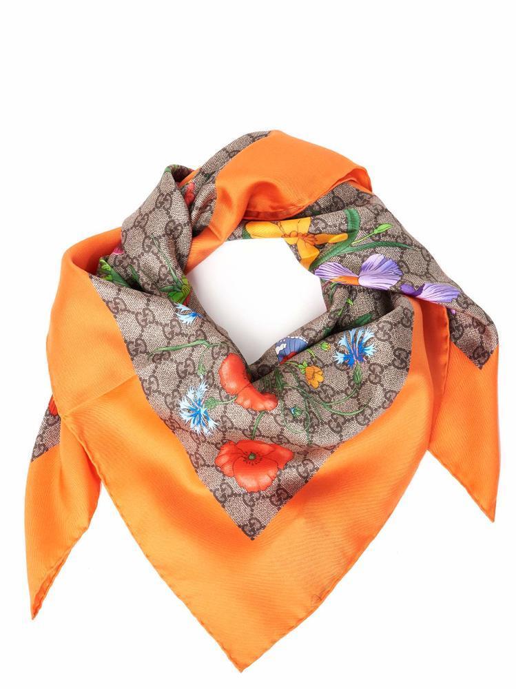 Gucci GG Flora Printed Silk Scarf in Orange Lyst