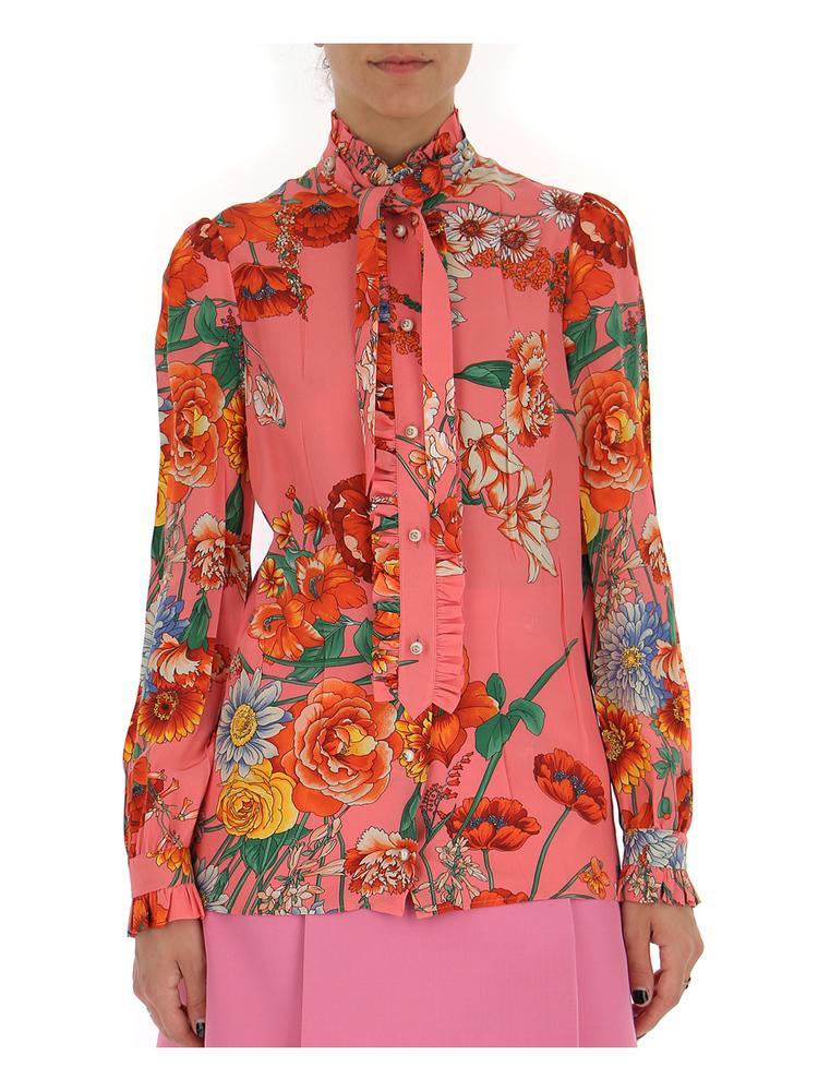 Gucci Silk Floral Ruffle Trimmed Blouse in Red - Lyst