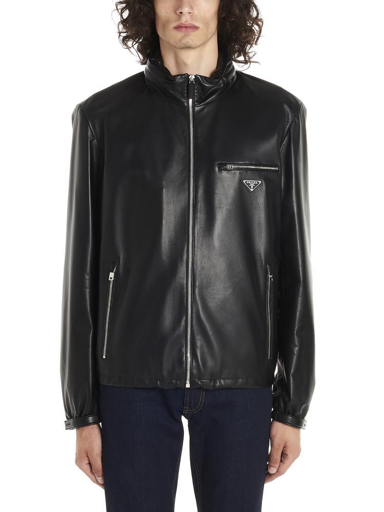 Prada Leather Zipped Logo Jacket in Black for Men - Lyst