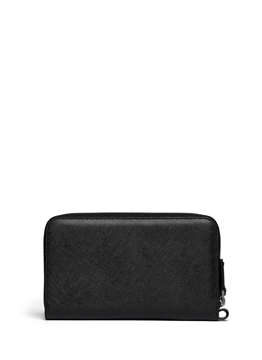 armani Double Zip Saffiano Leather Passport Wallet in Black for