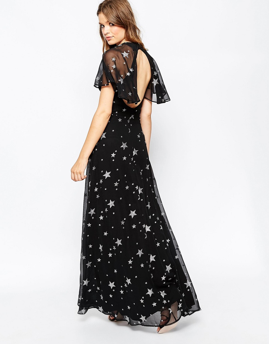 Lyst Asos Glitter Star Flutter Sleeve Maxi Dress in Black