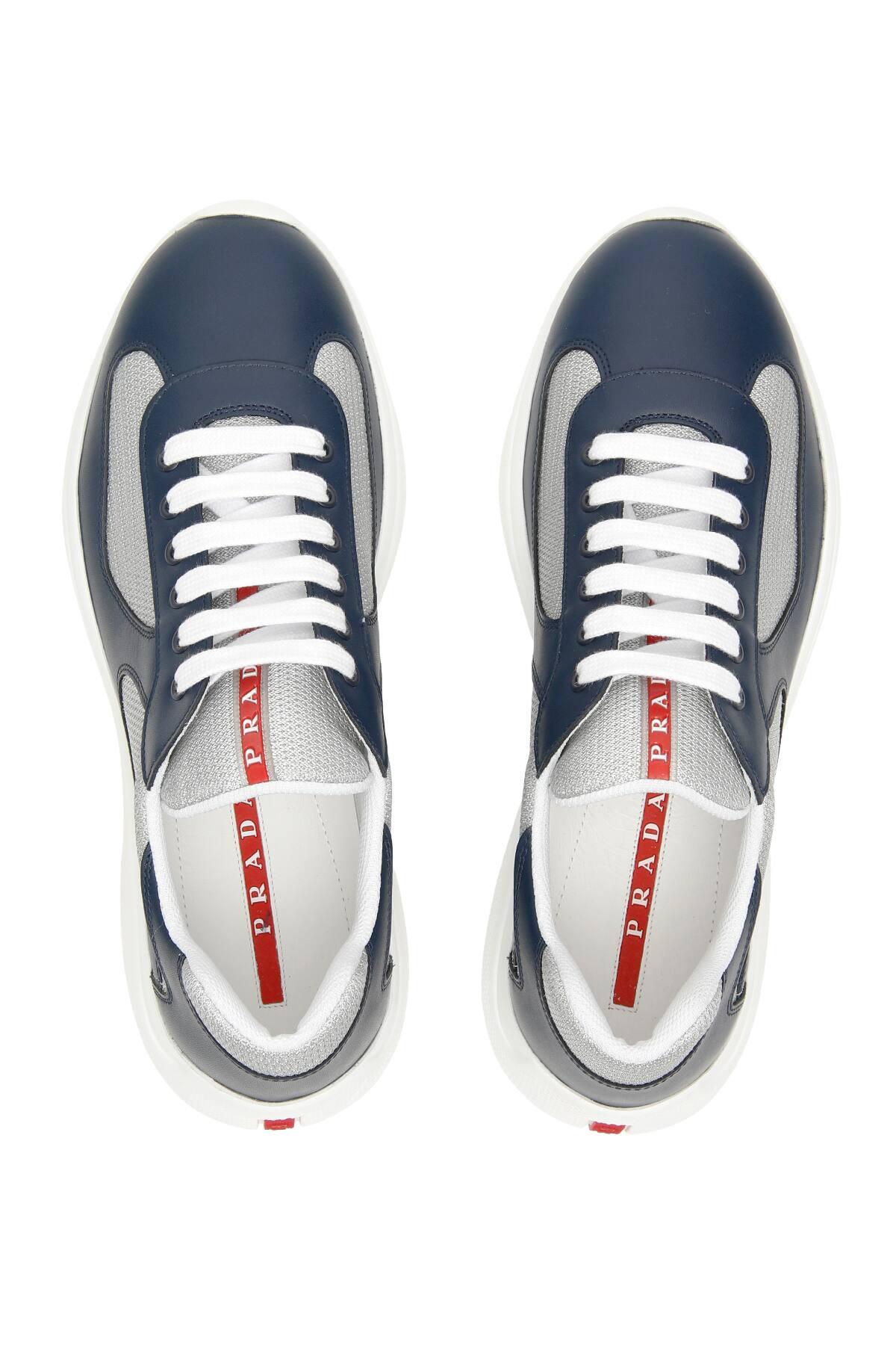 Prada Americas Cup Metallic Paneled Leather Sneakers in Blue,White ...