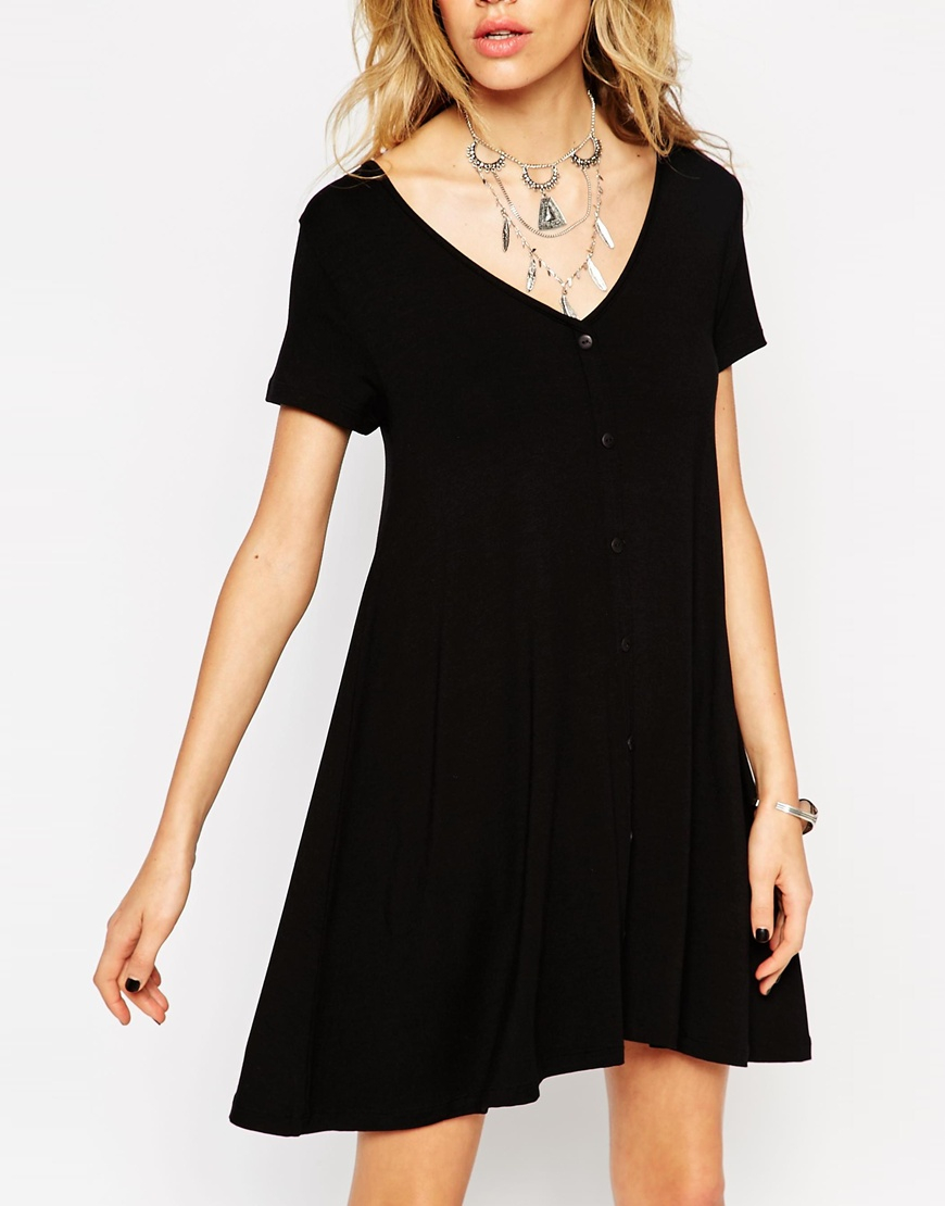Asos Swing Dress With Button Front in Black | Lyst