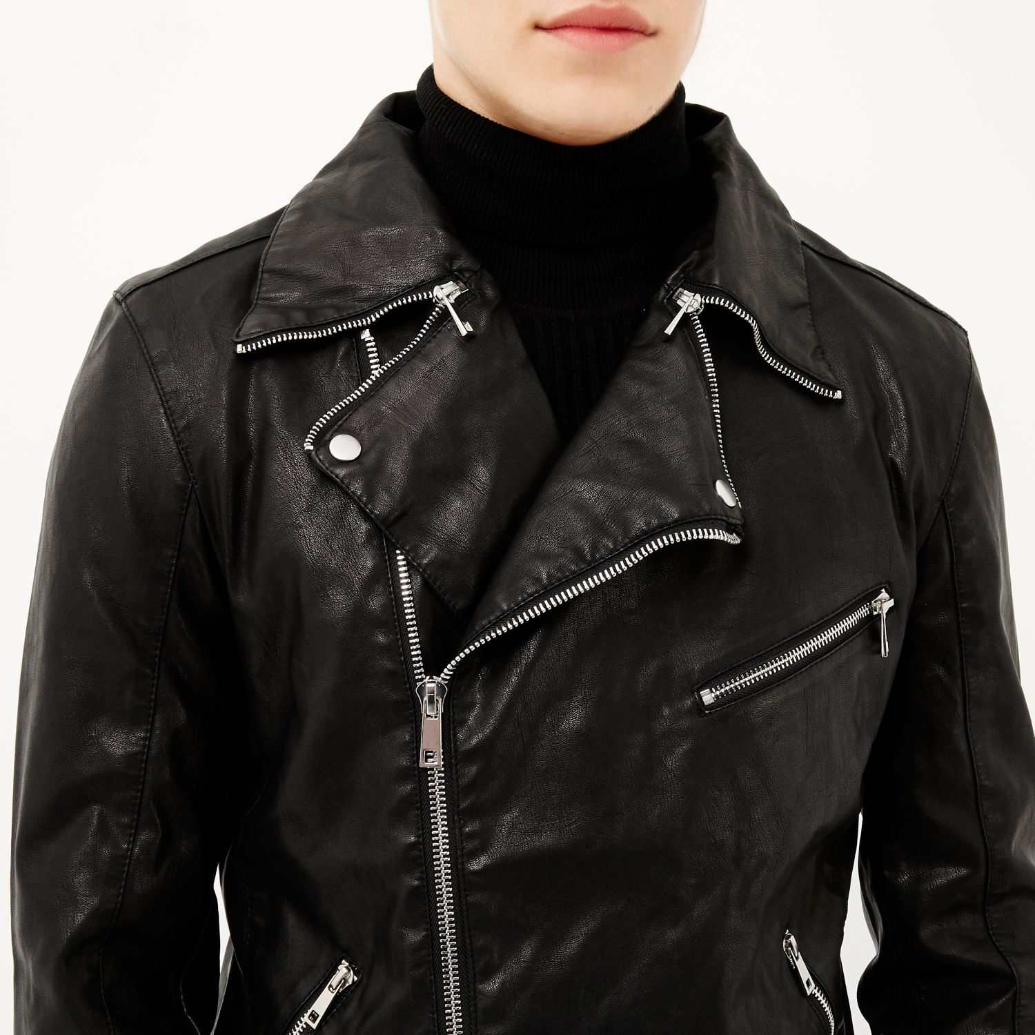 Lyst River Island Black Leather Look Biker Jacket In For Men Gallery