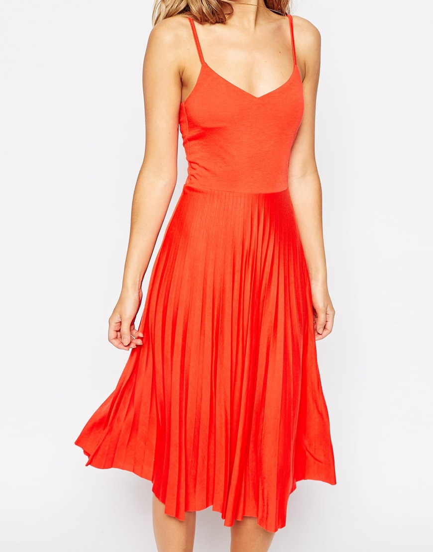 Asos Cami Pleated Midi Dress In Orange Lyst 5417